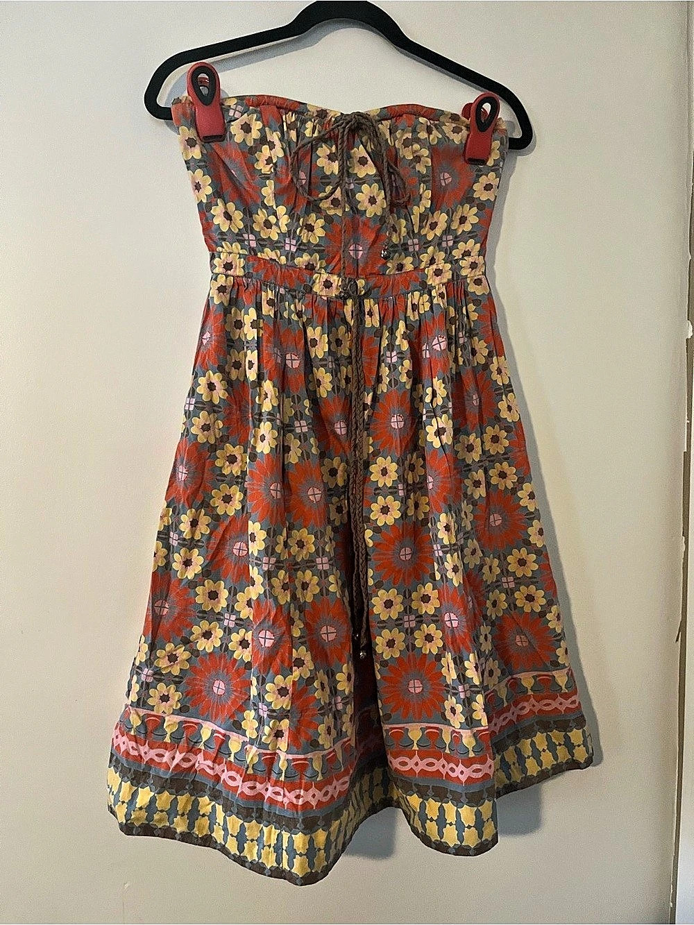 Vintage Y2K Orange Yellow Floral Print 100% Cotton Strapless Mini Dress 2 Retro